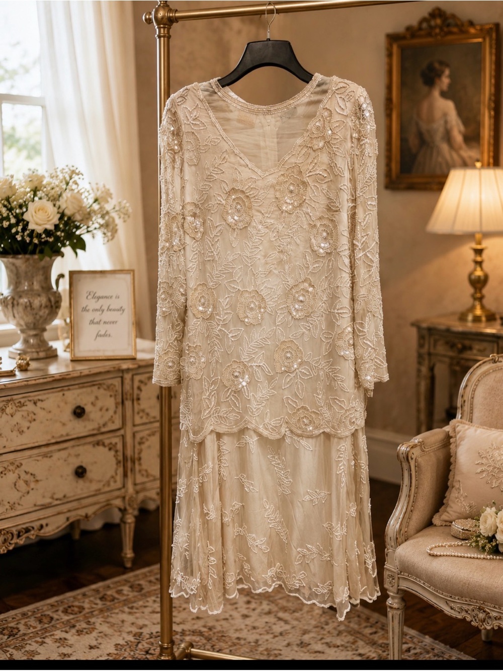 Roaman's Cream Long Sleeve silk beaded vintage Gown size medium
